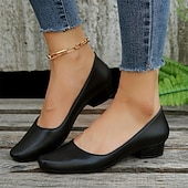 abordables Sandalias planas de mujer-Zapatos negros de tacón bajo para mujer: zapatos clásicos sin cordones con punta redonda para la oficina, el trabajo y ocasiones formales.