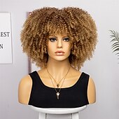 baratos Perucas de festa-perucas afro curtas e cacheadas com franja para mulheres negras perucas afro marrom crespo e cacheado para mulheres negras perucas sintéticas resistentes ao calor perucas marrons fofas perucas de