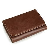 baratos porta-cartões e estojos-Carteira masculina de couro legítimo com três dobras, estilo vintage com bloqueio RFID, visor para documento de identidade e 10 compartimentos para cartões. Modelo retrô marrom café, carteira fina de grande capacidade, ideal para presente de Natal para pa
