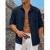 cheap Vacation-Men's Shirt Guayabera Shirt Linen Shirt Button Up Shirt Summer Shirt Beach Shirt Black White Navy Blue Long Sleeve Plain Turndown Spring &amp; Summer Casual Daily Clothing Apparel Patchwork