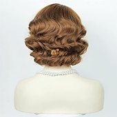 tanie Peruki historyczne-Brązowa falista peruka flapper z lat 1920 peruka vintage palcowa boczny przedział fala z lat 1960 falista peruka kostiumowa peruka (tylko peruki) na Halloween