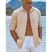 cheap Vacation-Men's Shirt Guayabera Shirt Linen Shirt Button Up Shirt Summer Shirt Beach Shirt Black White Navy Blue Long Sleeve Plain Turndown Spring &amp; Summer Casual Daily Clothing Apparel Patchwork