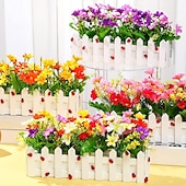 preiswerte Künstliche Pflanzen &amp; Blumen-Künstliche Blumenpflanzen – gemischte Farbgänseblümchen im Lattenzauntopf für Innenbüro, Hochzeit, Heimdekoration, künstliche Blumen für Hochzeit, Bogen, Garten, Wand, Heimparty, Hotel, Büro,