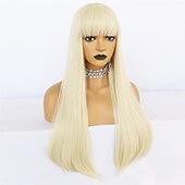 economico Parrucche da festa-parrucca bionda lunga con frangia parrucca lunga e liscia per donna ragazza cosplay parrucca sostitutiva dei capelli resistente al calore parrucche sintetiche per uso quotidiano festa di carnevale