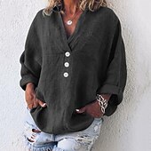 voordelige Overhemden-Dames Katoenen linnen overhemd Blouse Effen Basic Lange mouw V-hals Normale tops Werk Casual Knop Zak Zwart Wit Rood Khaki Grijs Zomer Lente