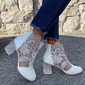 baratos Botas de tornozelo-botins femininos de renda branca com salto bloco transparente - perfeitos para casamentos e eventos especiais