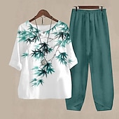 abordables Ensembles deux pièces-Ensemble 2 pièces féminin basique chemise pantalons pantalons demi-manches col rond imprimé floral lin-like vacances week-end vert armée bleu violet automne et hiver ajustement régulier