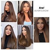 economico Parrucche trendy sintetiche-parrucche castane per donna parrucca sintetica a strati lunghi e lisci capelli naturali parte centrale