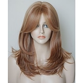 economico Parrucche trendy sintetiche-parrucca di media lunghezza per donna parrucca di rame parrucca di zenzero parrucca a strati con frangia parrucca sintetica evidenziata per donne bianche