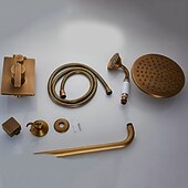お買い得  屋外シャワー設備-シャワー蛇口セット壁掛けヴィンテージ真鍮、レインフォールオーバーヘッドコンボセットバスルームミキサーセラミックシャワーハンドヘルドスプレー高圧ブラックアンティーク
