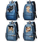 cheap Printed Backpacks-3D Cat Print Denim Backpack for Kids – Cute Animal School Bag with Large Capacity and Fun Design for Boys and Girls