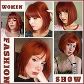 cheap Synthetic Trendy Wigs-Red Wig Bangs Short Red Bob Wig for Women Auburn Wig Bob with Bangs for Daily Party Cosplay