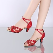economico Scarpe per balli latini-sandali da ballo glitterati da donna con morbida suola in pelle scamosciata - tacchi neri aperti con cinturini regolabili alla caviglia, perfetti per salsa, tango e balli latini