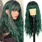 baratos Perucas de festa-Peruca Longa Ondulada Vermelha com Franja Peruca Sintética Longo Cabelo Vermelho para Mulheres Vermelho Vinho Cacheado Fantasia Peruca Borgonha para Uso em Festas Dia a Dia Perucas de Halloween