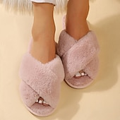 billiga Inneskor och flip-flops till damer-Mysig rosa fuskpäls damtofflor - mjuk och mjuk korsbandsstil, perfekt för avkoppling hemma och vardagskläder inomhus