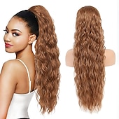 cheap Ponytails-Long Auburn Red Drawstring Ponytail Extension for Women 24 Inch Synthetic Long Curly Wavy Clip in Ponytail Hair Extensions for Daily Party Use