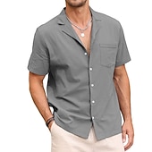 ieftine Business Casual-Bărbați cămașă de in Cămașă de vară Cămașă de plajă Camașă cu nasturi Simplu Vacanță Hawaiian Negru Alb Roz Îmbujorat Albastru piscină Manșon scurt Rever Primavara vara Îmbrăcăminte De Bază