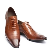 cheap Formal-Men&#039;s Black Faux Leather Oxford Dress Shoes - Classic Cap Toe Design with Brogue Detailing, Perfect for Formal Events, Weddings, and Business Attire