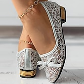 billige Flate sko til kvinner-Dame Flate sko Store størrelser Sparkly Sandaler Komfort Sko utendørs Daglig Helfarge Sommer Sløyfe Blonder Tykk hæl Spisstå Elegant Fritid PU Tøfler Sølv Gull