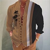 cheap Tropical Plants-Men&#039;s Coconut Tree Striped Tropical Plants Shirt Summer Hawaiian Shirt Aloha Shirt Long Sleeve Shirt Stand Collar Fashion Streetwear Designer Outdoor Street Casual Light Green Light Brown Blue S M L