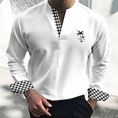 preiswerte Businesshemden für Herren-Herren Kokosnussbaum Plaid / Karomuster Tropische Pflanzen Hemd Hawaiihemd Sommerhemd Langarm Hemd V Ausschnitt Modisch Strassenmode Designer Outdoor Strasse Casual Weiß Blau Grün S M L