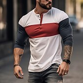 Men's Button T Shirt Henley Shirt Tee Top Long Sleeve Shirt Long Sleeve Henley Summer Color Block Fashion Designer Basic Patchwork Vacation Street Going out Red Top Tee for Men3
