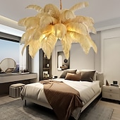 abordables Luces de isla-Lámpara colgante de luz led, hermosa lámpara colgante de ramo de plumas de avestruz blanco extra grande, accesorio de iluminación montado romántico para el dormitorio del restaurante