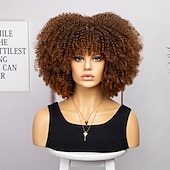 baratos Perucas de festa-perucas afro curtas e cacheadas com franja para mulheres negras perucas afro marrom crespo e cacheado para mulheres negras perucas sintéticas resistentes ao calor perucas marrons fofas perucas de