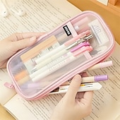 voordelige etuis &amp; houders-Easthill Grid mesh pen etui met rits helder make-up kleur etui make-up tas multifunctionele reisschool tienermeisjes transparante stationaire tas office organizer box voor volwassenen (roze)