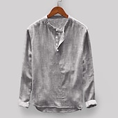 preiswerte Klassiker-Herren Hemd leinenhemd Hemd mit Stehkragen Sommerhemd Strandbekleidung Feste Farbe Casual Hawaiianisch Hellblau Hell Gray Aprikose Grau Halbe Ärmel Kragen Bekleidung
