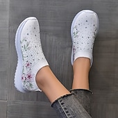 voordelige Damessneakers-Witte slip-on damessneakers met bloemenprint en strass-steentjes voor vrijetijdskleding