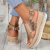 billige Ferietøfler-Damesandaler med metallisk gullfarget espadriller i kunstskinn med åpen tå og spenne, uformelle sommerkilesko for ferie, strand og hverdagsantrekk.