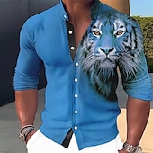 cheap Animal Print-Men&#039;s Animal Tiger Shirt Button Up Shirt Long Sleeve Fashion Streetwear Designer Outdoor Casual Daily Summer Spring Fall Stand Collar Print Blue-Green Red Blue Orange Green