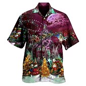 abordables Atuendo para escena navideña-Camisas navideñas con estampado de escena navideña para hombre, camisas con gráfico de Papá Noel, camisas casuales de calle, manga corta, 3D, con botones, ropa de moda
