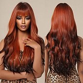 economico Parrucche trendy sintetiche-parrucche ondulate rosse lunghe ombre rosa per le donne parrucche ricci rosa nere con frangia parrucca cosplay radici scure parrucche sintetiche senza colla per l&#039;uso quotidiano delle feste