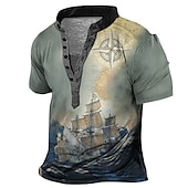 olcso Vintage&amp;amp;Retro-Férfi Grafika Hajó Henley ing Rövid ujjú 3D nyomtatás Divat Alkalmi Kényelmes Szabadtéri Napi Alkalmi Nyár Sötétbarna Arcpír rózsaszín Rubin Sötétkék Medence Henley Henley póló