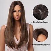 economico Parrucche trendy sintetiche-parrucche castane per donna parrucca sintetica a strati lunghi e lisci capelli naturali parte centrale
