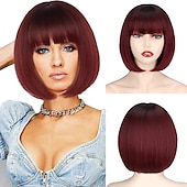 cheap Synthetic Trendy Wigs-Red Wig Bangs Short Red Bob Wig for Women Auburn Wig Bob with Bangs for Daily Party Cosplay