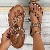 cheap Vacation Sandals-Women&#039;s Bohemian Beaded Sandals - Handmade Floral Embellished Flat Sandals for Summer Beach and Casual Wear