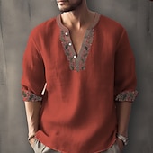 cheap Ethnic Pattern-Men&#039;s Ethnic Shirt Linen Shirt Long Sleeve Fashion Streetwear Designer Outdoor Daily Going out Spring &amp; Summer Stand Collar Print Yellow Light Green Pink Red Navy Blue