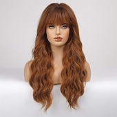 baratos Perucas Sintéticas sem Touca-peruca ombre ruiva com franja peruca longa encaracolada com franja peruca laranja aparência natural peruca sintética resistente ao calor adequada para mulheres da moda