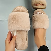 cheap Women's Slippers &amp; Flip-Flops-Women's Plush Fuzzy Open-Toe Slippers – Cozy Indoor Home Shoes with Soft Faux Fur for Winter Comfort