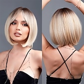 levne Syntetické trendy paruky-blonďatá bobová paruka s ofinou 13 krátkých bobových paruk pro ženy krátká blonďatá paruka s tmavými kořínky tepelně odolná syntetická paruka přírodní hledá pro každodenní párty a cosplay