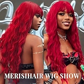 baratos Perucas de festa-Peruca Longa Ondulada Vermelha com Franja Peruca Sintética Longo Cabelo Vermelho para Mulheres Vermelho Vinho Cacheado Fantasia Peruca Borgonha para Uso em Festas Dia a Dia Perucas de Halloween