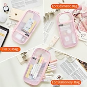 voordelige etuis &amp; houders-Easthill Grid mesh pen etui met rits helder make-up kleur etui make-up tas multifunctionele reisschool tienermeisjes transparante stationaire tas office organizer box voor volwassenen (roze)