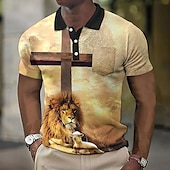 halpa Miesten vintage poolo-Miesten Leijona Graafiset tulosteet Risti Vohveli poolopaita Poolopaita Lapel Polo Button Up Polos Golfpaita Lyhythihainen Paita Sänkyjen avaus ulko- Katu Vaalean keltainen Musta Keltainen Rubiini