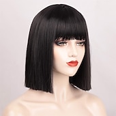 baratos Perucas de festa-Peruca Preta Bob com Franja Curta Preta para Mulheres Peruca Bob Lisa Resistente ao Calor Peruca Sintética Mia Wallace Cleopatra Cospaly Uso Diário Festa 12 Perucas de Halloween