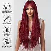 economico Parrucche trendy sintetiche-parrucche rosse per donna cosplay lunga parrucca di capelli sintetici ondulati naturali con frangia