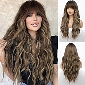 baratos Perucas Sintéticas sem Touca-peruca ombre ruiva com franja peruca longa encaracolada com franja peruca laranja aparência natural peruca sintética resistente ao calor adequada para mulheres da moda