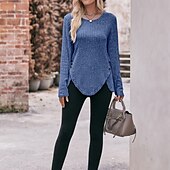preiswerte Damen Einfache Oberteile-Damen T Shirt Burgunderrotes T-Shirt Glatt Basic Langarm Rundhalsausschnitt Normale Oberteile Täglich Wochenende Schwarz Wein Blau Grün Grau Herbst Winter